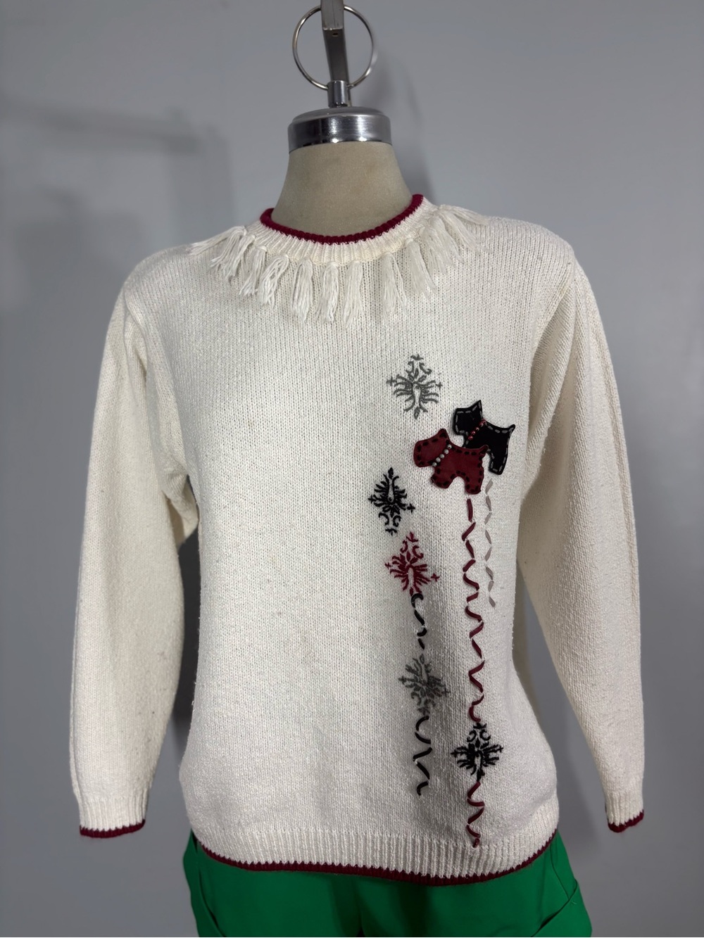 Women’s Ivory Knit Holiday Sweater with Red Trim